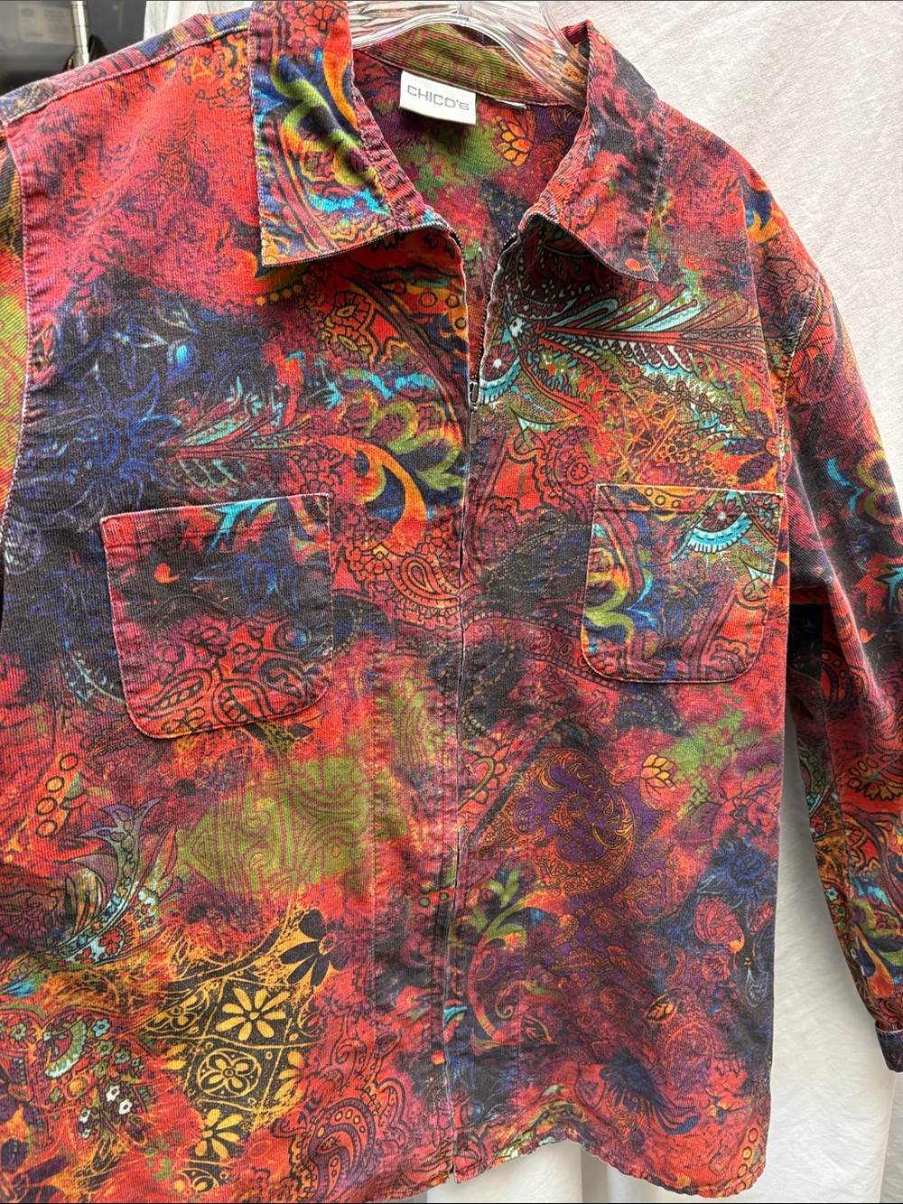 Chico's Red Multicolor Paisley-Print Button-Front Shirt Jacket